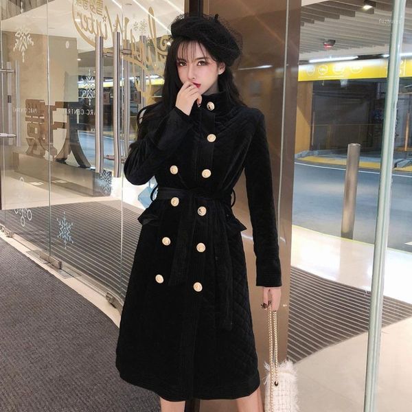 

winter women double breasted gold button long padded jacket parkas winter corduroy outwear female ladies1, Black