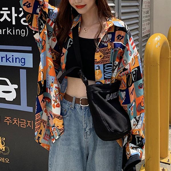 

2020 spring autumn women blouses bf stylle oversize shirts harajuku print long sleeve shirts female streetwear blouses, White