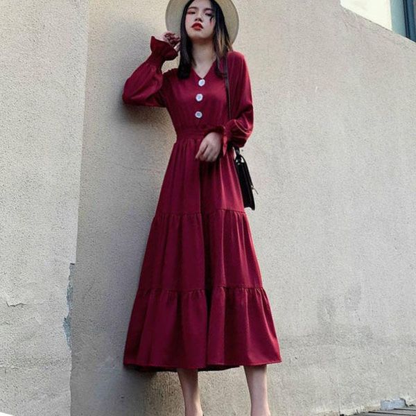 

осень новый v шеи сплошной цвет тонкий платье женщины кнопки повседневная мода женщины длинные рукава платья высокой талией элегантные плать, Black;gray