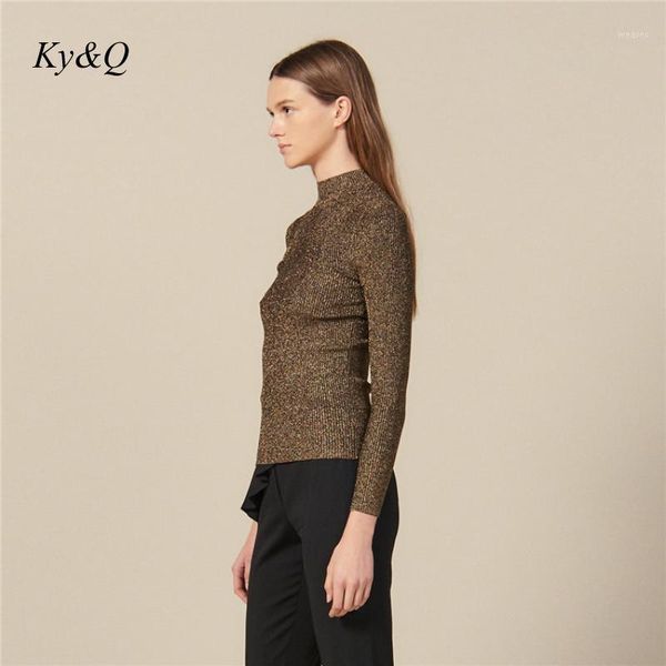 

2019 winter women luxury fashion pullover grass green shiny o-collar stretch slim rib gold line design knit sweater clothes1, White;black