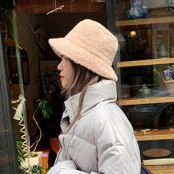 

bucket cap autumn winter lambswool warm fisherman hat women men casual solid round hats, Blue;gray