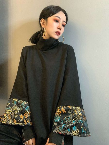 

irregular sweater women's embroidery chinese 2020 new look thin foreign style wide sleeve high collar winter light ripe, Black