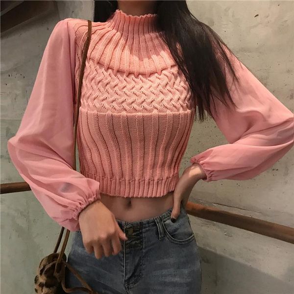 

2019 spring women solid sweater turtleneck cropped pullover crop patchwork chiffon sleeve sweater for female, White;black