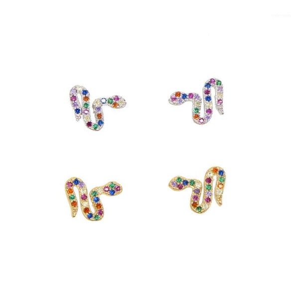 

stud fashion jewelry wholesale micro pave multi color cz rainbow zirconia tiny snake earring for girl women gift1, Golden;silver