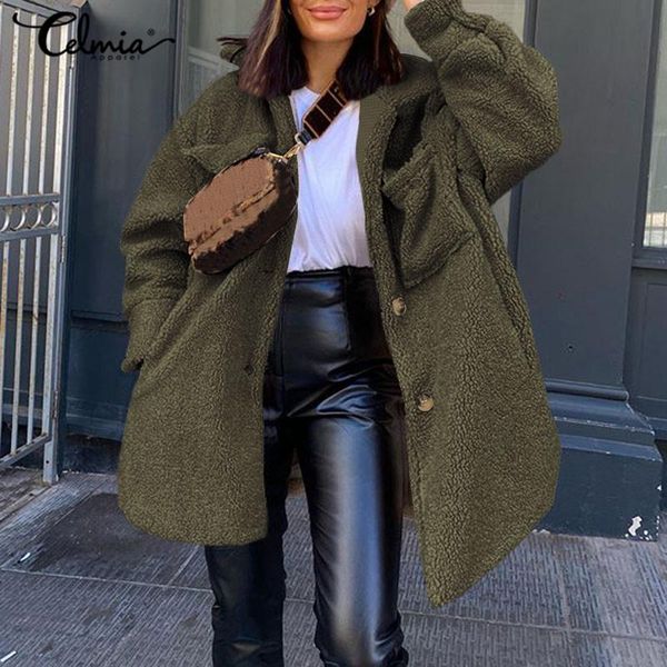 

women's fur & faux celmia winter warm plush coats long sleeve outerwear vintage pockets bottons overcoat oversized lapel coat 5xl, Black