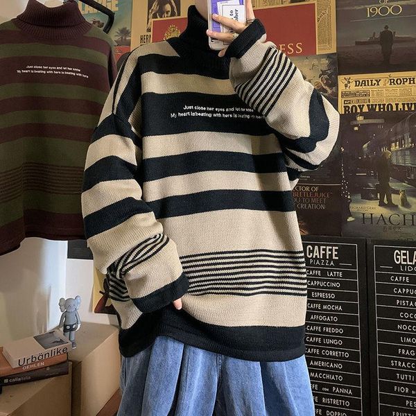 

men's sweaters neploha 2021 winter striped warm sweater woman embroidery thickened turtleneck male casual oversize clothes, White;black