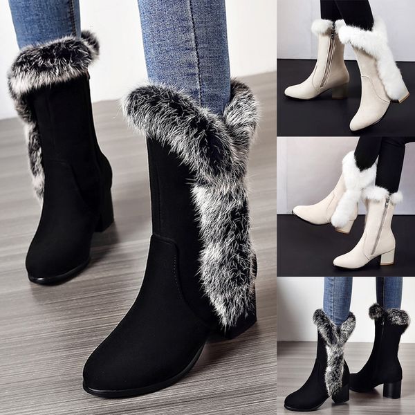 

faux fur women boots fashion suede plush square heels zipper mid boot keep warm snow boots woman warm fur shoes botas mujer, Black