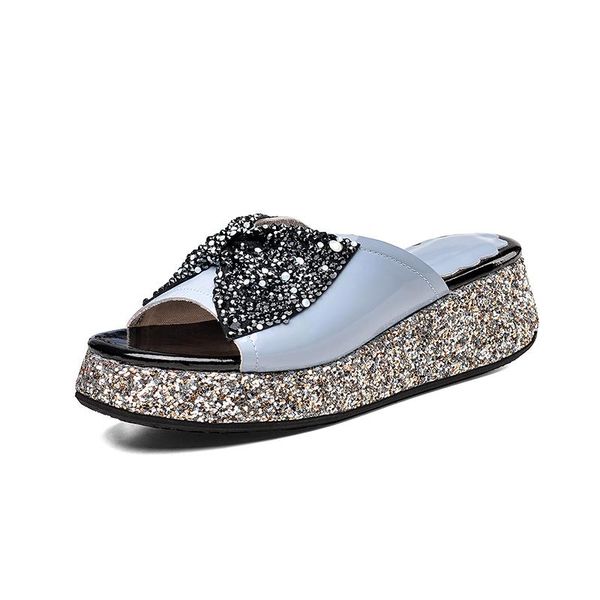 

slippers fashion flat platform heels casual shoes woman party basic 2021 summer genuine leather bling women sandals, Black