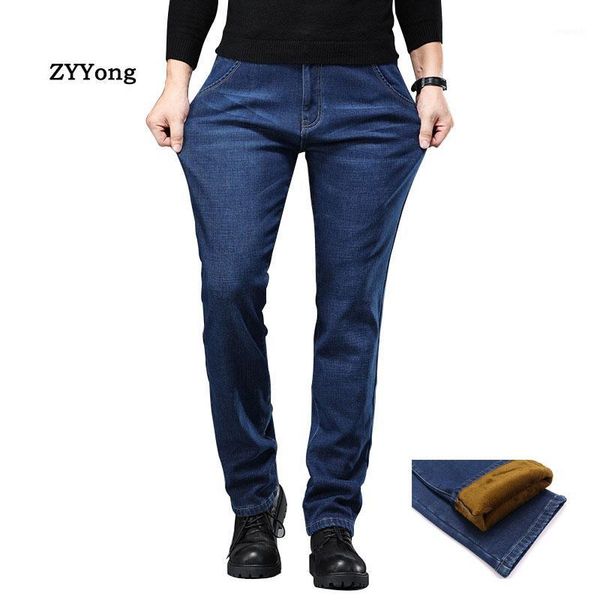 

winter keep warm men's plus velvet jeans trousers business casual loose straight black blue elasticity denim pants large size461