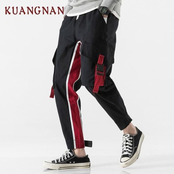 

kuangnan red striped cargo pants men jogger japanese streetwear joggers men pants 5xl hip hop trousers 2019 spring new1, Black