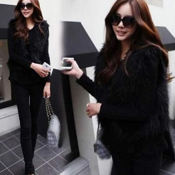 

women faux fur ladies sleeveless vest waistcoat jacket coat outwear1, Black;white