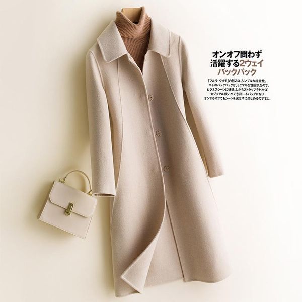 

women's wool & blends autumn and winter thickened medium long double faced overcoat hand sewn cashmere women, Black