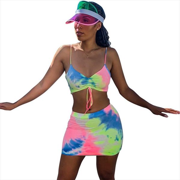 

rainbow neon tie dye two piece skirt set summer fashion clothes for women matching sets cute club outfits, Gray