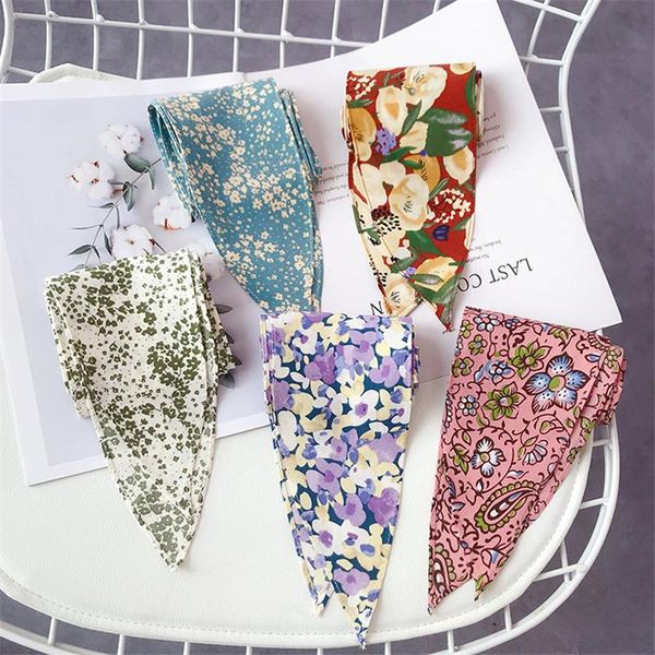 

floral girl silk scarf art sharp corner silk scarves fashion retro silk scarf bag decoration headband 120*10cm, Blue;gray