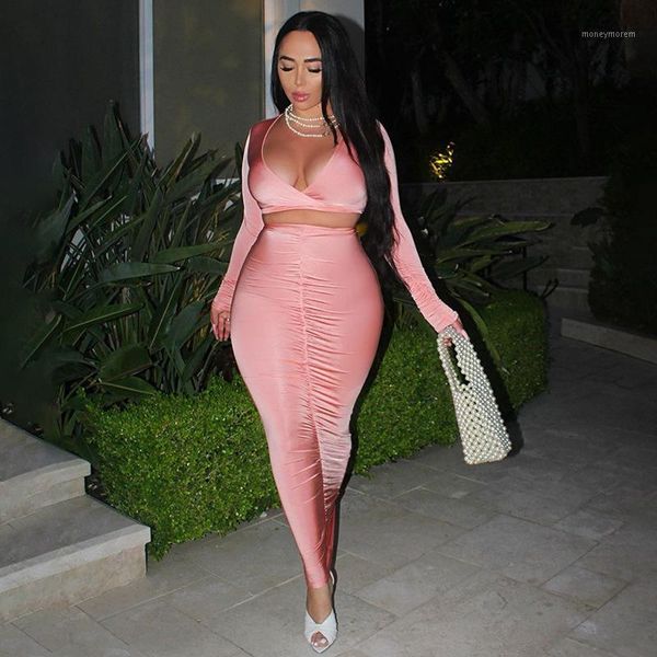 

casual dresses two piece dress set long sleeve v-neck crop bodycon draped fall clothes for women night club outfits1, Black;gray