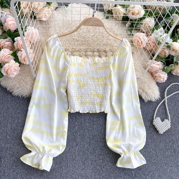 

2020 autumn korea fahion women casual short striped square collar puff sleeve blouse and shirt blusas mujer de moda 2020 j69, White