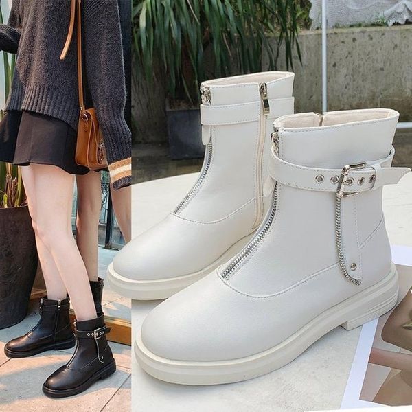 

boots white solid ankle for women shoes woman booties 2021 autumn winter front zipper buckle leather women's plus size1, Black