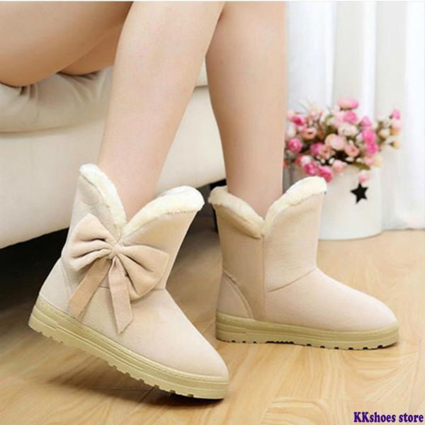 

women boots female winter boots warmer plush bowtie fur suede flat slip on ankle snow women's shoes fashion platform black