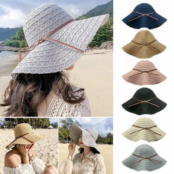 

wide brim hats hip 2021 women lace sunhat beach hat holiday outdoor summer sun block bucket ladies solid cap 1pc 6color1, Blue;gray