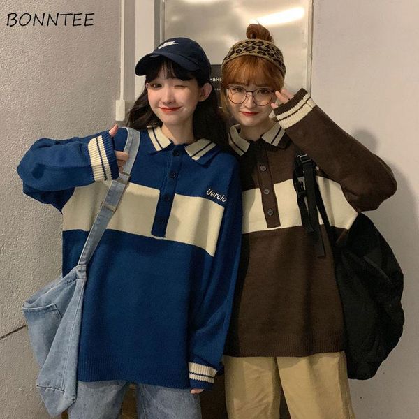 

pullover sweater womens harajuku preppy style students turn down collar patchwork letter embroidery ulzzang loose chic tide, White;black
