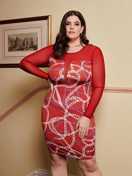 

plus chain print contrast mesh bodycon dress f0mw#, Black