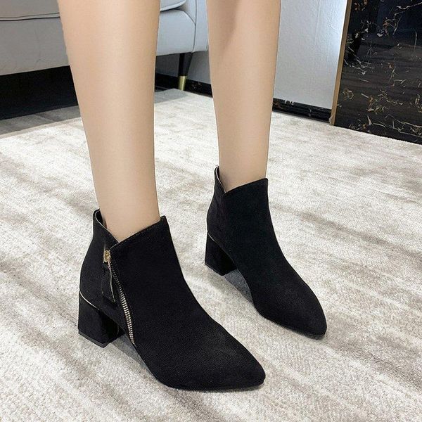 

boots 2021 autumn and winter pointed suede side zipper thick heel wear female short heels, Black