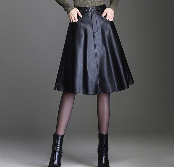 

Autumn Winter Lean Young Women Pu Waist Long Leather Skirt Evqq, Black