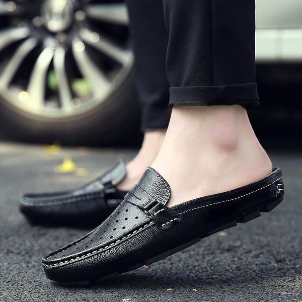 

new summer mens slippers genuine leather breathable half drag men shoes luxury loafers outdoor slip on casual flats loafers men, Black