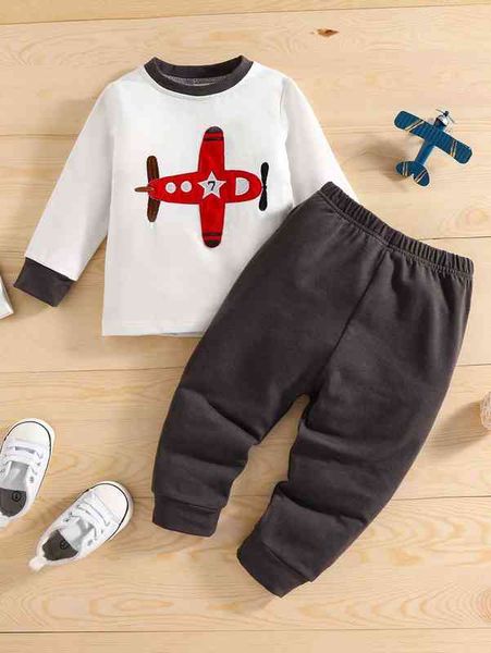 

baby plane patched pullover & sweatpants she, White