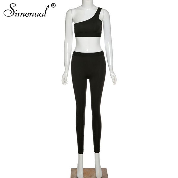 

simenual casual fitness sporty co-ord sets women one shoulder crop and leggings two piece outfits sleeveless active wear new c0122, Gray