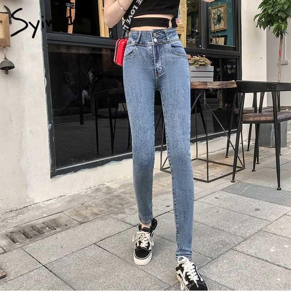 

denim jeans woman high waist stretch pencil pants skinny female blue lace up elastic slim streetwear fashion kg-390