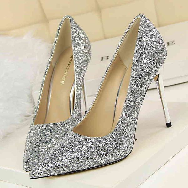 

dress shoes lsxjk sequin woman pumps wedding stiletto high heels women 9.5 cm party female 220303, Black