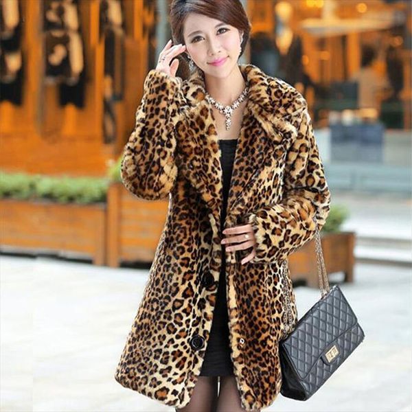 

2018 new winter women faux rabbit fur coat thick warm leopard mink jacket trench coats female overcoat plus size, Black