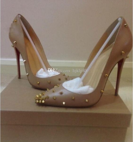 

new brand shoes red women pumps high heel shoes rivet pointed toe fine heel lady wedding shoes bottom for red fashion party with logo box, Black