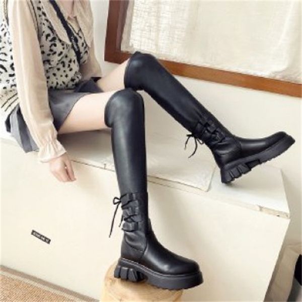

black 2021 new chunky on the knee women's lace up to shoes thigh high female thick spring sole mujer boots mpk1