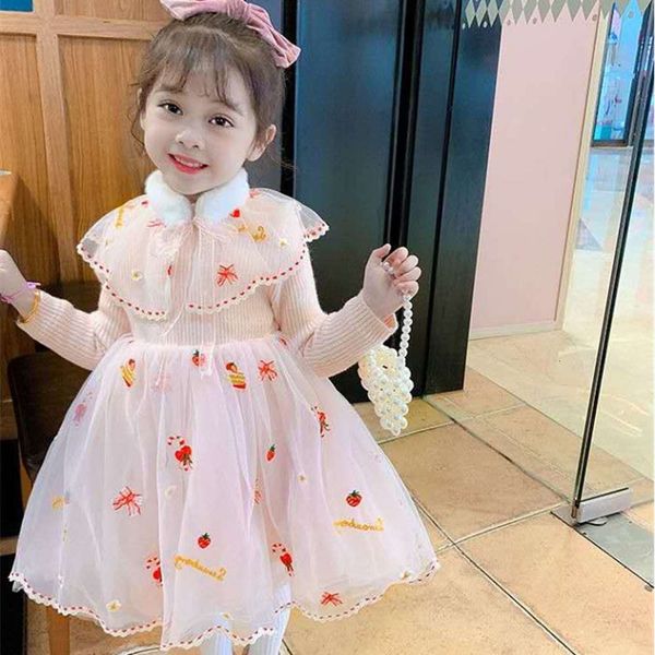 

girl's sweet super fairy embroidery plush thickened drs princs skirt 21 winter new children's wear, Red;yellow