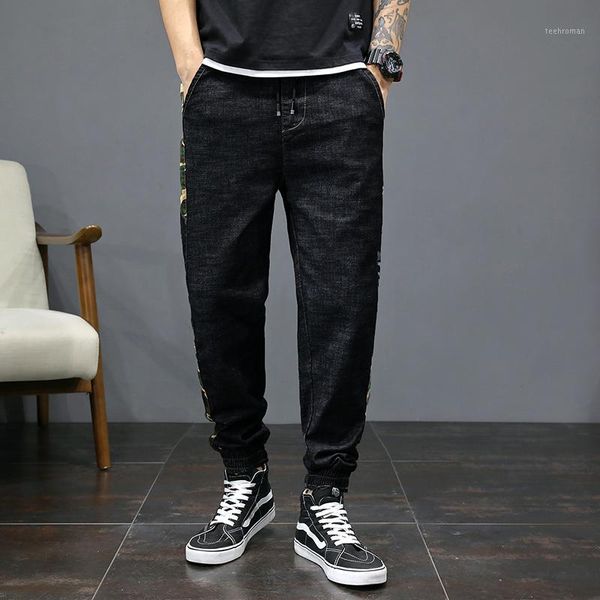 

fashion streetwear men jeans loose fit size 28-46 vintage black denim cargo pants camouflage spliced hip hop joggers1 men's, Blue