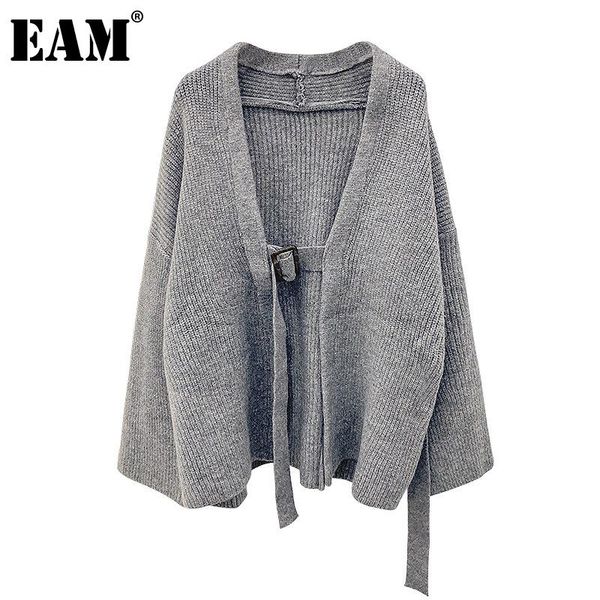 

eam] big size bandage knitting cardigan sweater loose fit v-neck long sleeve women new fashion tide autumn winter 2021 1dd0512, White