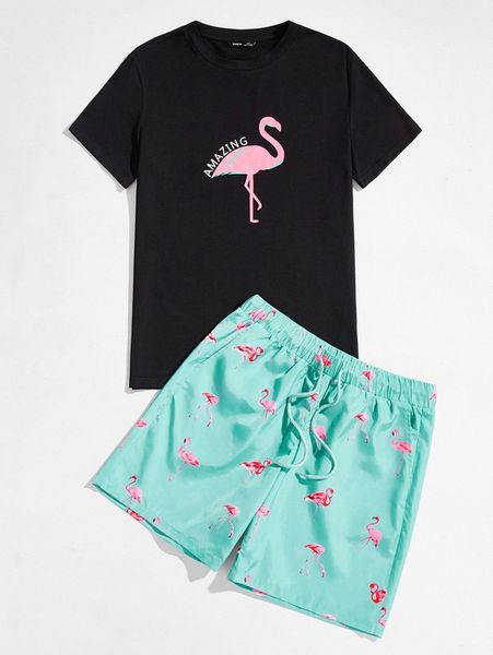 

men flamingo & letter graphic and shorts set p5ov#, Gray