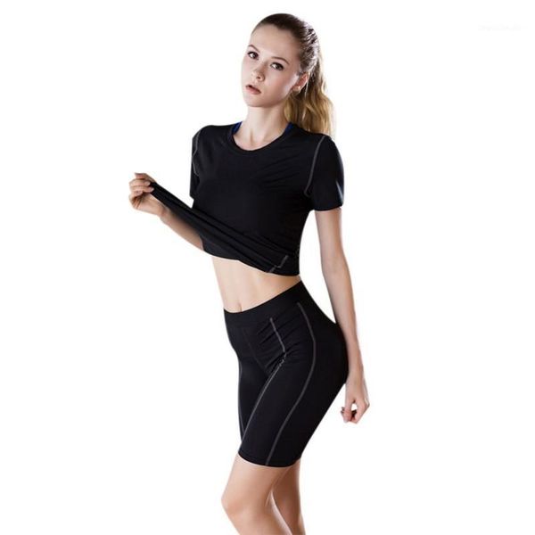 

women short sleeve breathable solid color durable loose yoga running fitness workout comfort t-shirt1, Black;blue