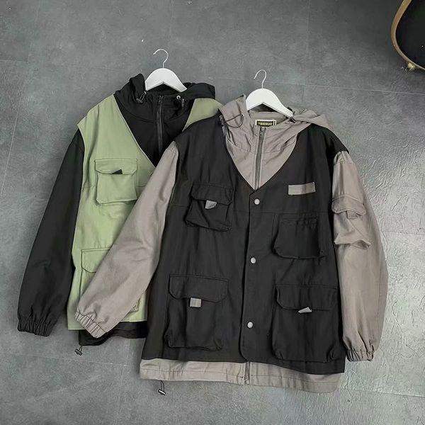 

autumn 2020 men's work clothes korean fashion loose fake two-piece jacket and hooded vest, Black;white