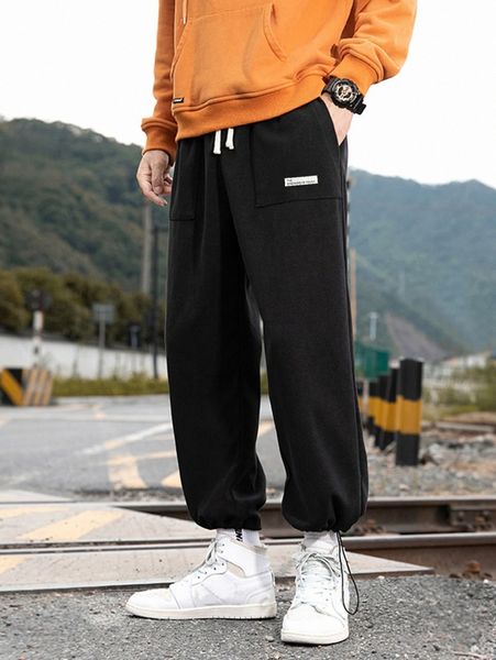 

men letter patched detail drawstring waist sweatpants r90h#, Black