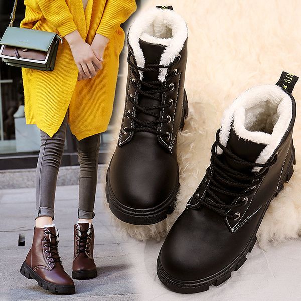 

boots 2021 winter women casual wram female ankle plus fur snow non-slip wear-resistant sneakers ladies flat leather, Black