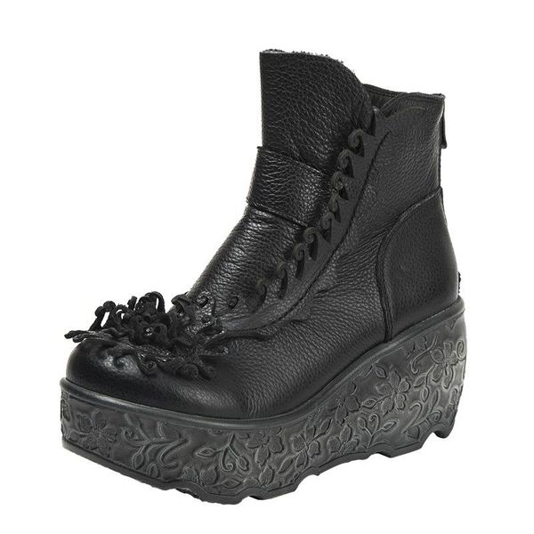 

zxryxgs brand shoes woman boots 2020 new fashion boots platform wedges handmade retro flowers short genuine leather, Black