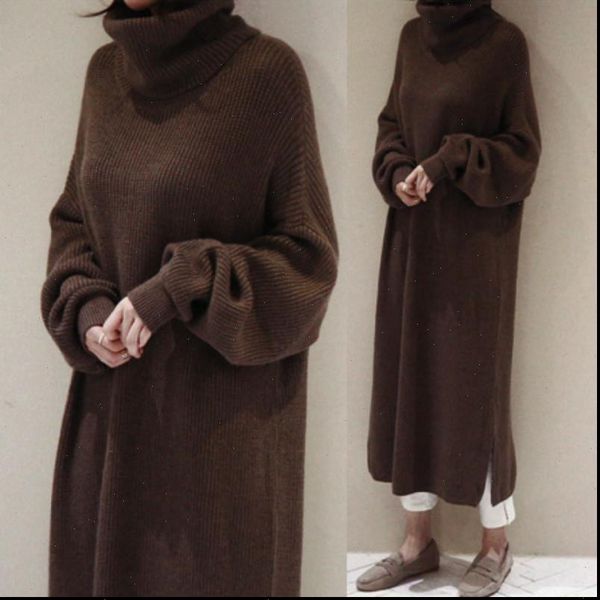 

women autumn winter thicken turtleneck long sweater dress ladies oversized long sleeve split knitted pullover dresses casual, Black;gray