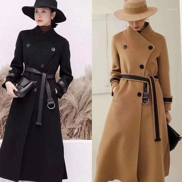 

autumn and winter double faced cashmere coat women's woolen coat belt long double faced woolen1, Black