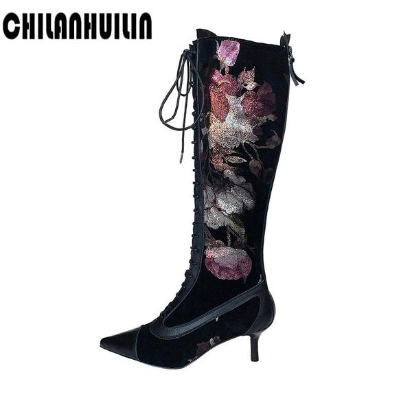 

boots fashion print leather autumn winter shoes women knee-high lace-up runway high heel ankle, Black