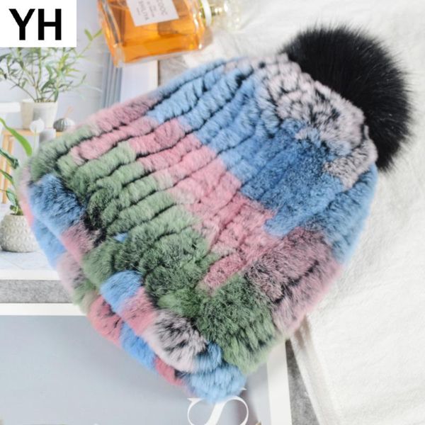 

fashion children knitted fur pompom hats child good elastic caps beanies genuine rex hat skullies kg-244