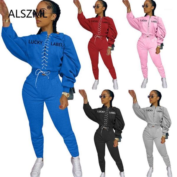 

lace up o neck women set long sleeve 2 pieces crop and long pant suit female matching suit1, Gray