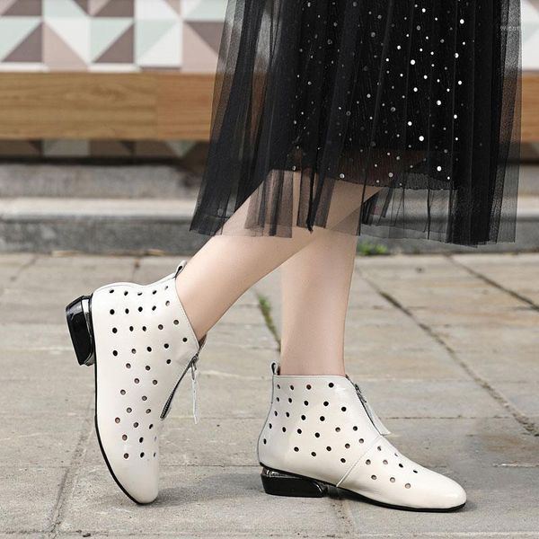 

gktinoo 2020 summer ankle boots genuine leather shoes women med high heel front zipper boots cutout breathable mujer zapatos1, Black